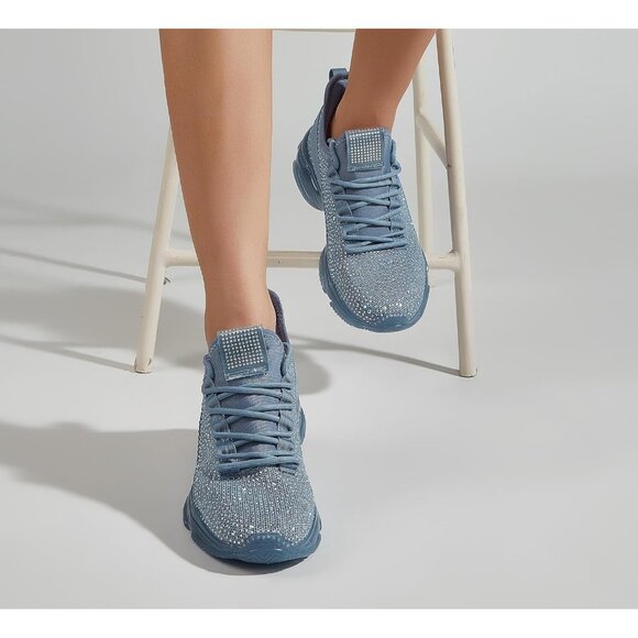 Women's Blue Rhinestone Mesh Slip On Walking Breathable Glitter Sneaker Shoes - Picture 9 of 9